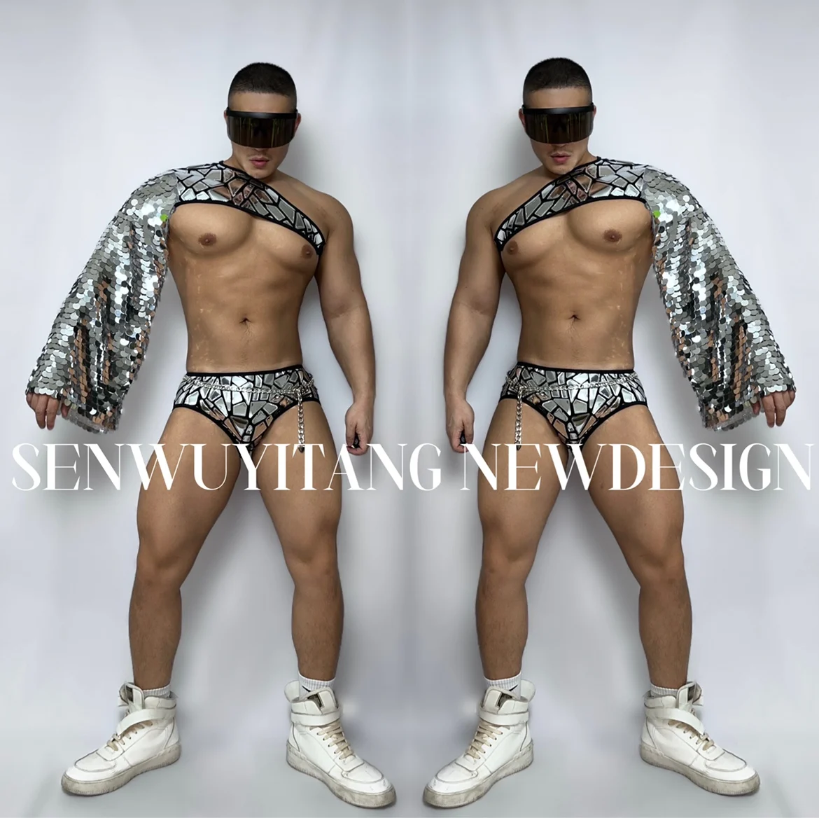 Single Sided Silver Mirror Sequin Top Shorts Outfits Nightclub Bar Male Singer Gogo Technology Sense Party Show Stage Costume