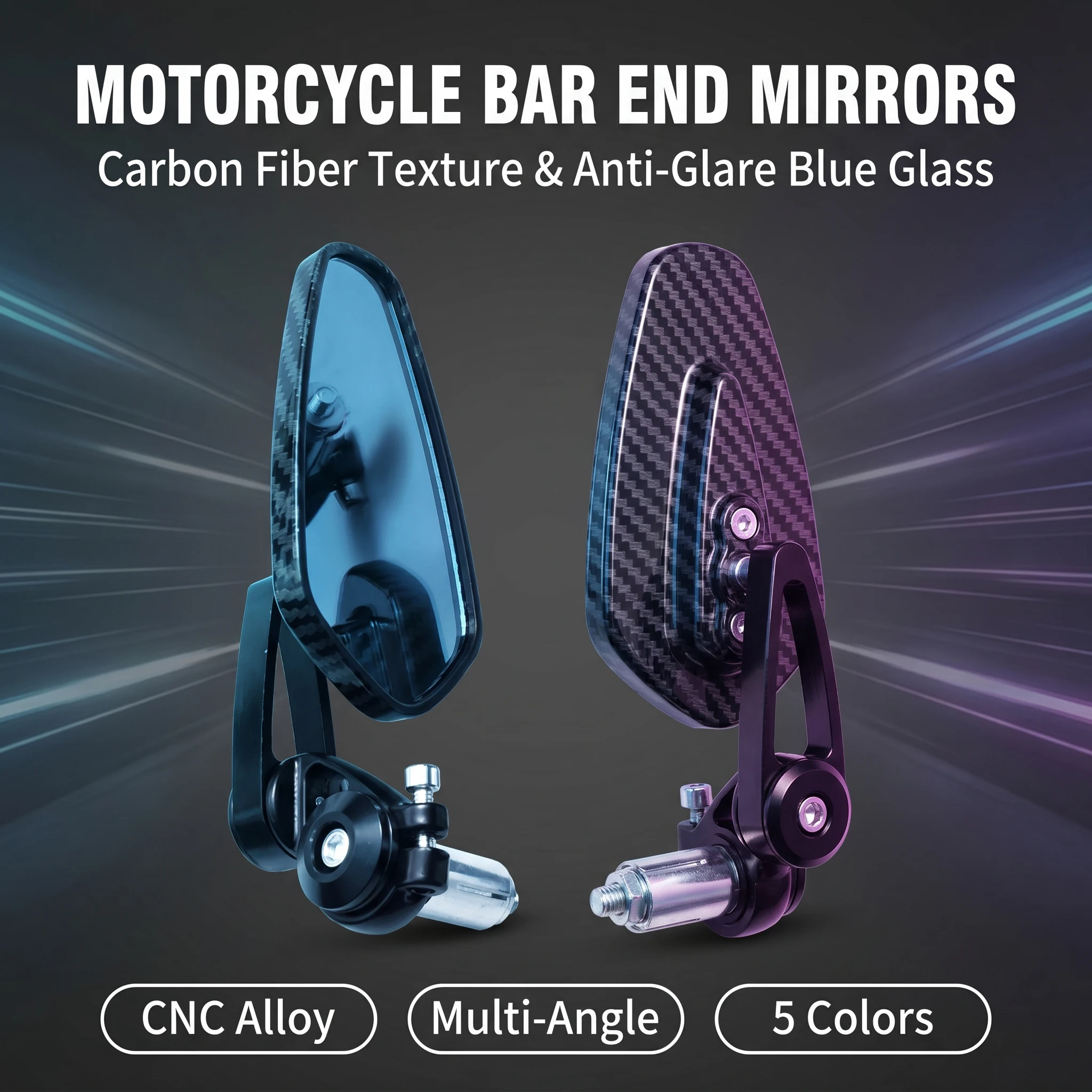 1 Set Motorcycle Rearview Mirror CNC Reversing Mirror Carbon Fiber Water Transfer Printing Handlebar Mirror Blue Glass