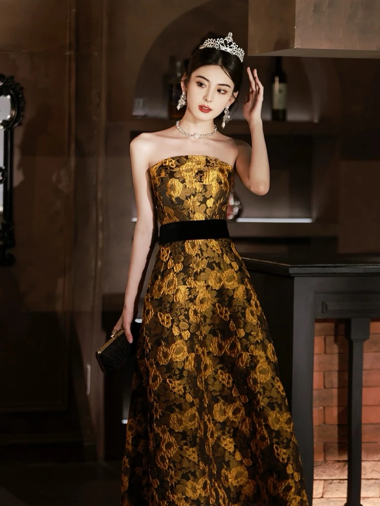 

Yellow Floral Prom Dresses Satin Strapless A-line Princess Graduation Birthday Woman Saudi Arabic Evening Celebrity Gowns 2024