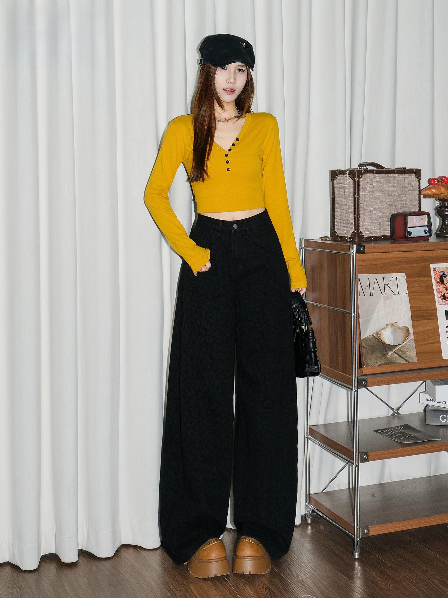 

Модные черные брюки с леопардовым принтом, широкие, повседневные, женские, свободные, удлиненные, с высокой талией, из смесового хлопка