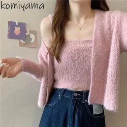 Knitted 2024 Woman Cardigan Long Sleeve Ropa Mujer V-neck Outerwears Autumn Sweater Casual Cardigans with Camis 2 Piece Sets