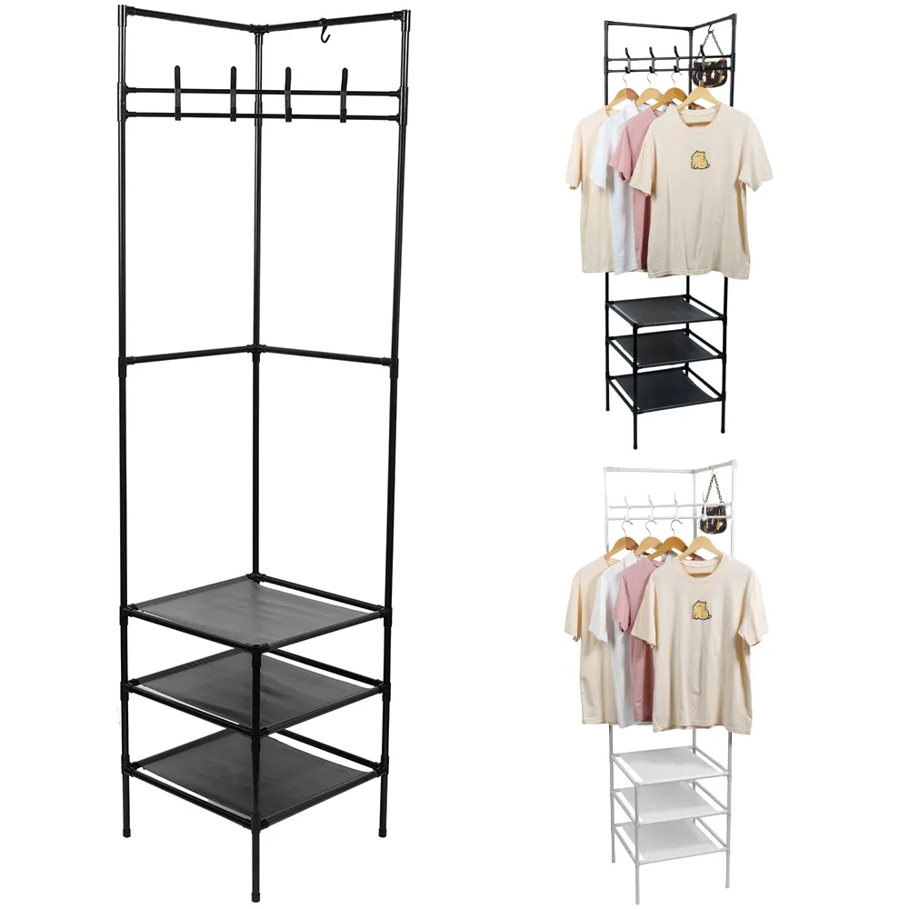 

Bedroom Corner Clothing Rack Freestanding Coat Rack with 3 Tier Shoes Rack Storage and 10 Movable Hooks Metal Organizer Shelf