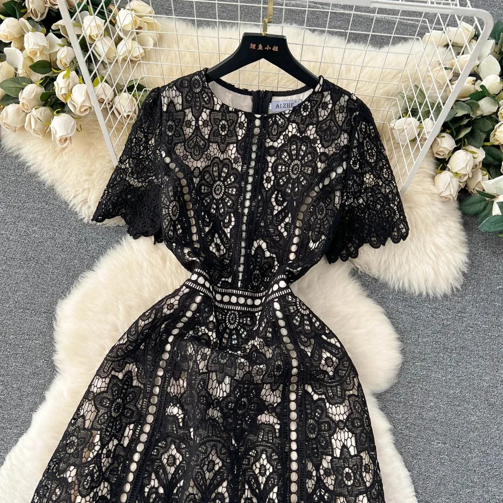 Vintage Solid Lace Patchwork O-Neck High Waist   Short Sleeve Dress Chic Summer Beach Vestidos Women Sundress