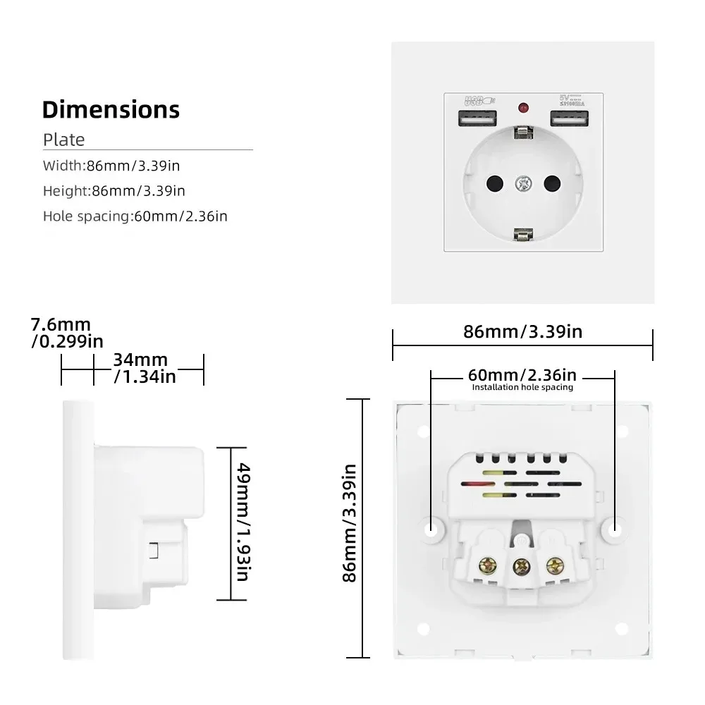 EU Wall Power Socket With USB and Type C Charging Port 2.1A 16A Gray PC Panel 86mm*86mm Russia Spain