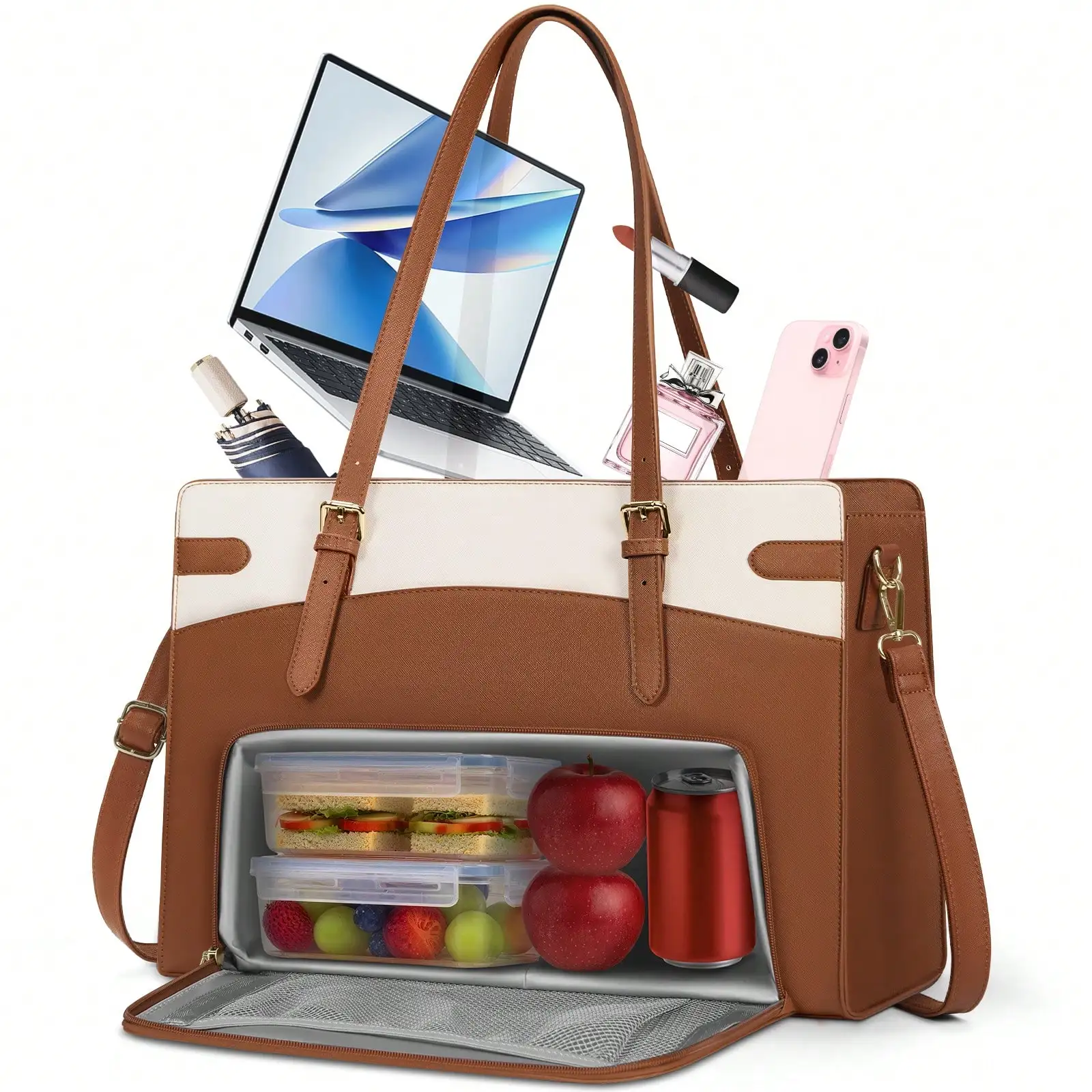 2-In-1 Laptop Bag With Insulated Lunch Compartment 15.6 Inch PU Leather Work Tote For Teachers Nurses, Professional Water-Resistant Business Briefcas