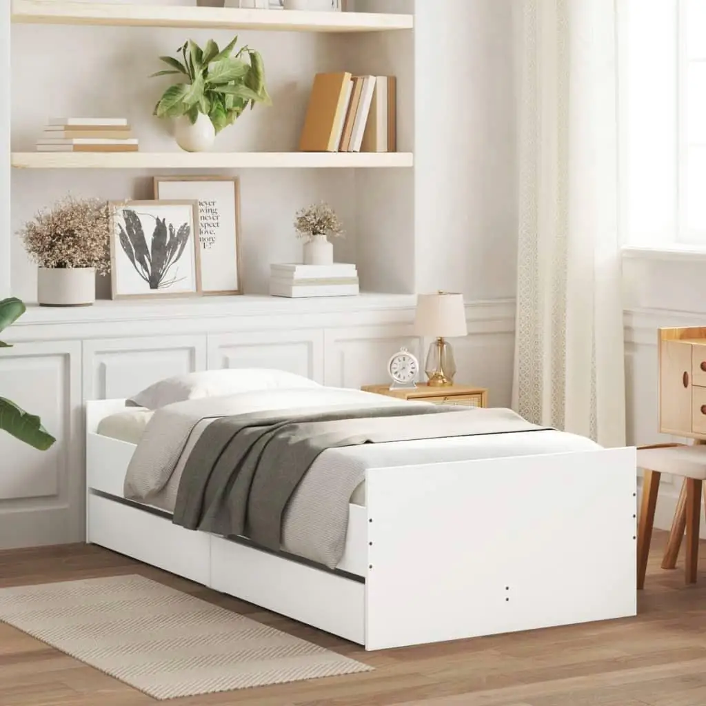 White Single Bed Frame with Storage Drawers - 90x190 cm Modern Design