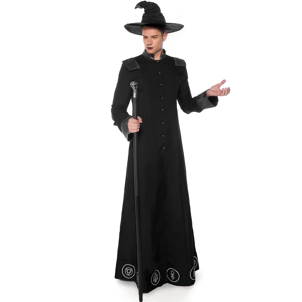 Fantasia de cosplay mágica para homens, bruxo negro, feiticeiro, feiticeiro, halloween, mascarada, vestido extravagante