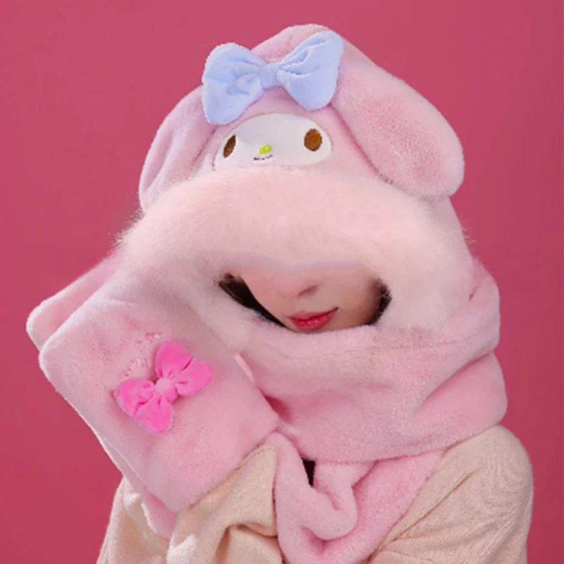 

Miniso My Melody Winter Teenage Boy Girl Fluffy Hat Scarf Three-Piece Pupil Cap Gloves Bib 3-In-1 Women Earwarm Mother-Girl Gift