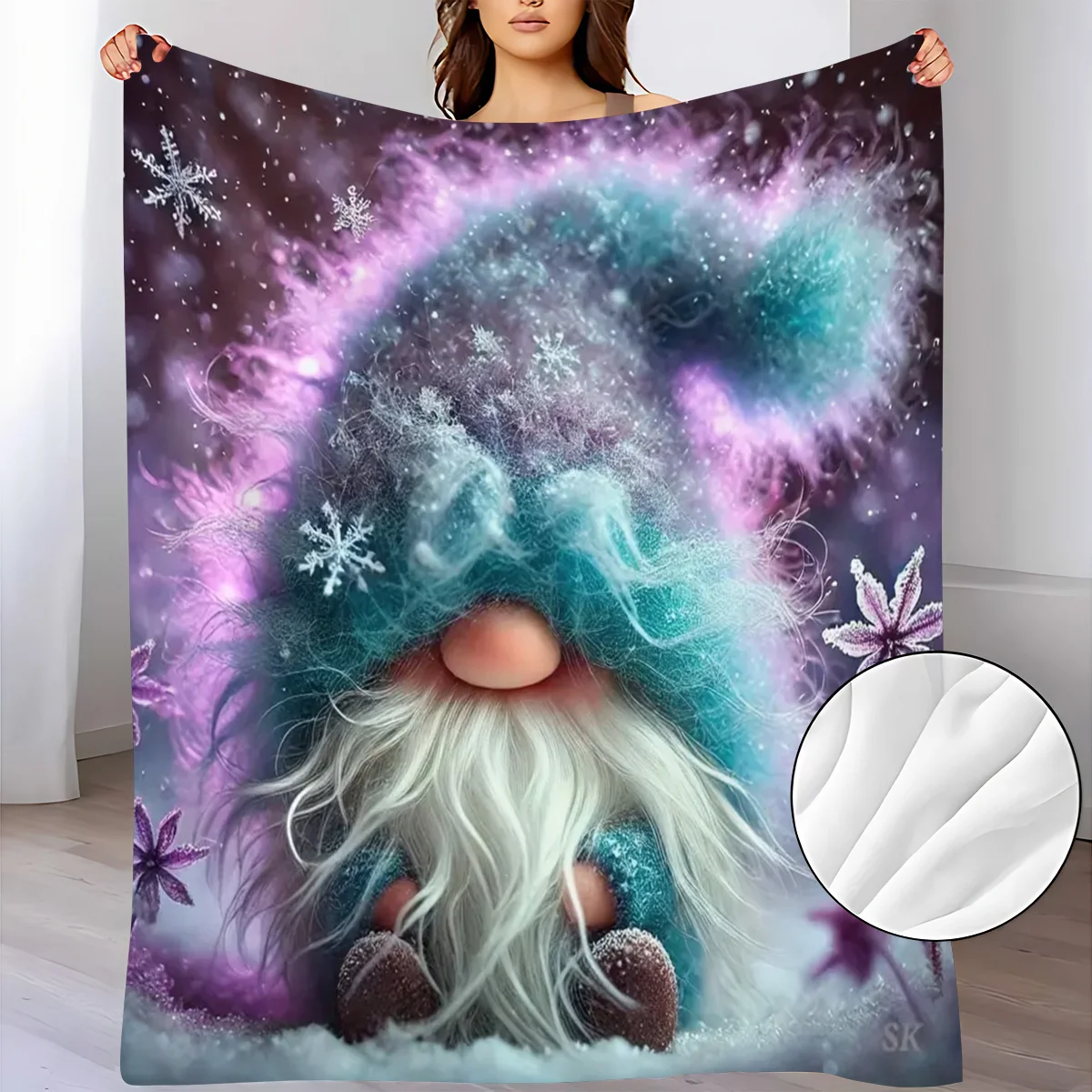 Galaxy Gnome Flannel Throw Blanket Cute Winter Gnome With Sparkly Galaxy Hat Snowflake And Purple Starry Sky Print Soft