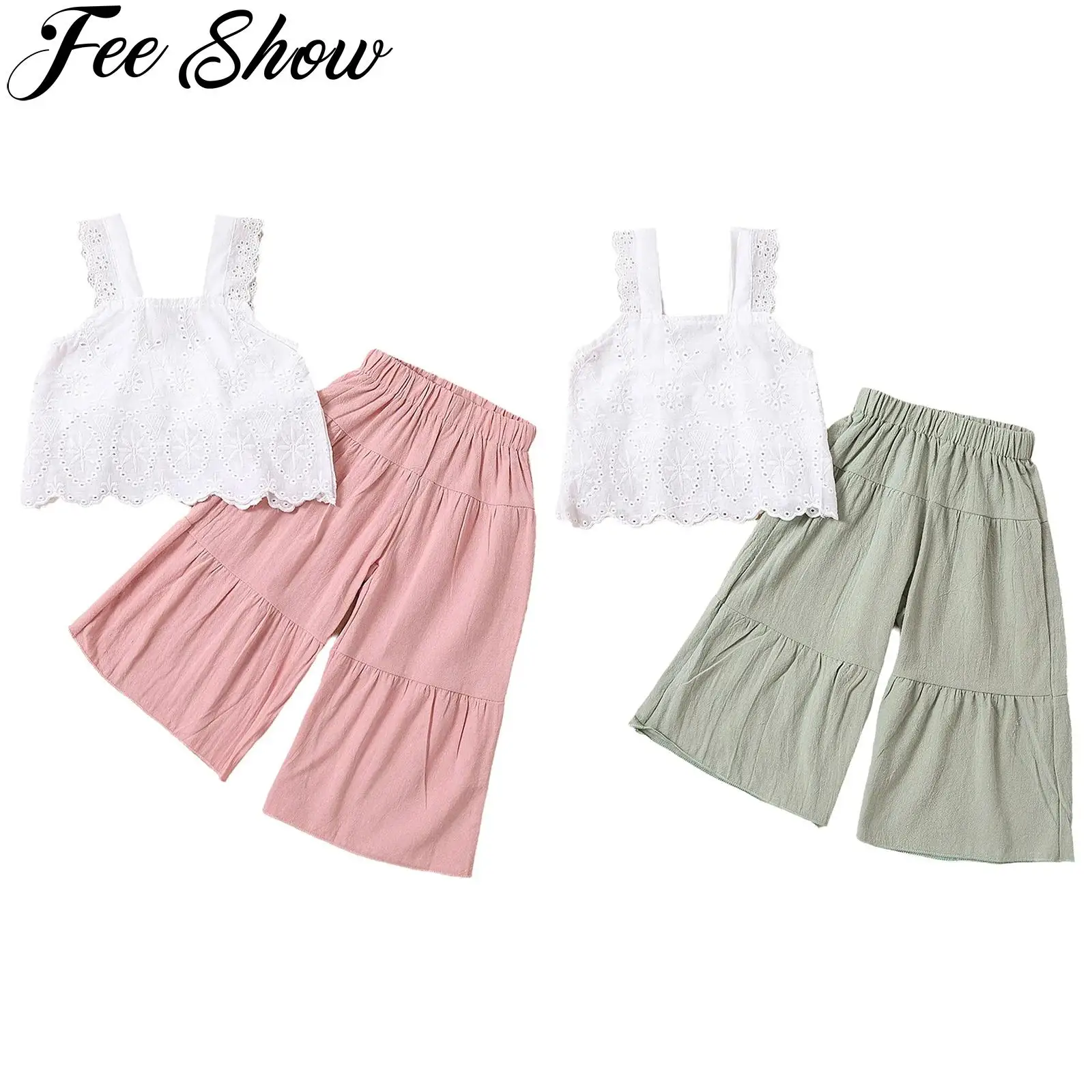 

Little Girls Clothing Casual Summer Outfit Sleeveless Lace Crop Top with Wide-Leg Pants Set Children Holiday School Daily Wear