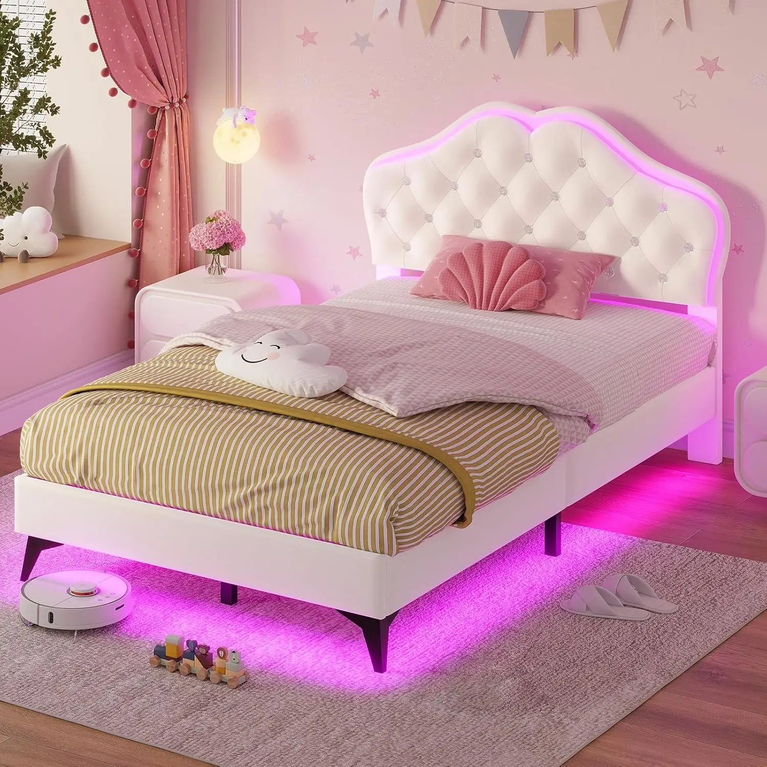 Twin Bed Frame with RGB LED Lights, Princess Bed Frame with Adjustable Crystal Button Headboard, Velet Upholstered Platform Bed