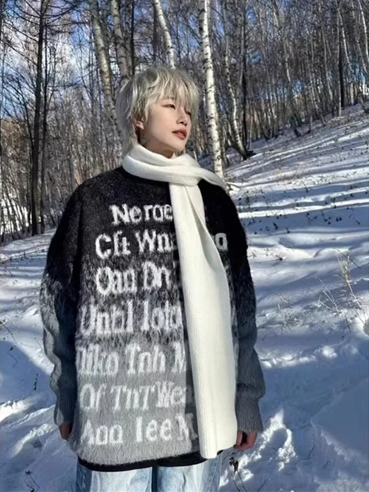 Retro American Sle Men's Knitted Sweater with Letter Design Oversize Lazy Sle round Ne Winter Outerwear Comfortable Fit