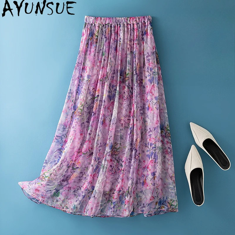 

AYUNSUE 100% Silk Women's Skirts Stylish High Waist Skirts for Women Vacation Style Beach Pleated Skirt Woman Clothes Ropa Mujer