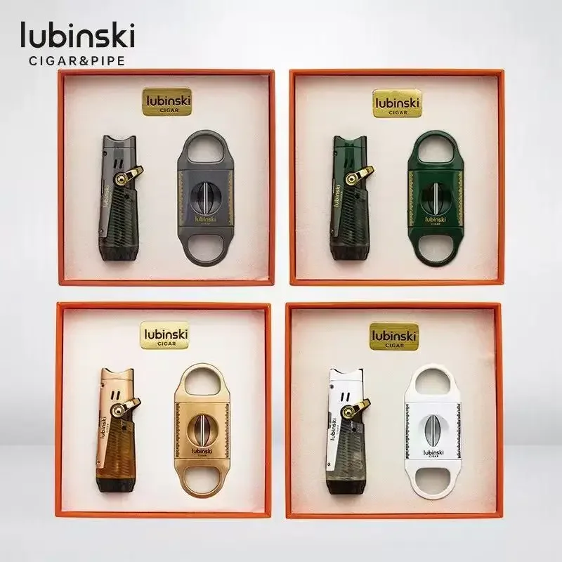 مجموعة كومبو سيجار مكونة من قطعتين من Lubinski، ولاعة نفاثة واحدة محمولة متعددة الوظائف لهب أزرق وقاطعة على شكل حرف V