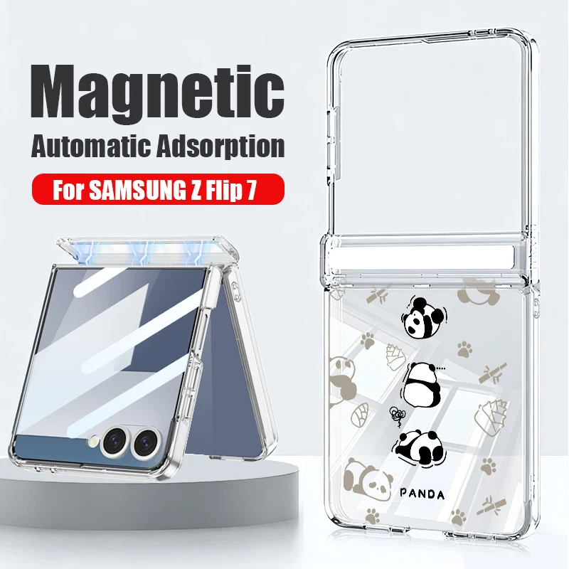 Magnetic Auto Adsorption Phone Case For Samsung Galaxy Z Flip 8 7 FE 6 5 Flip8 Flip7 5G Cute Panda Print Clear Hard Back Cover