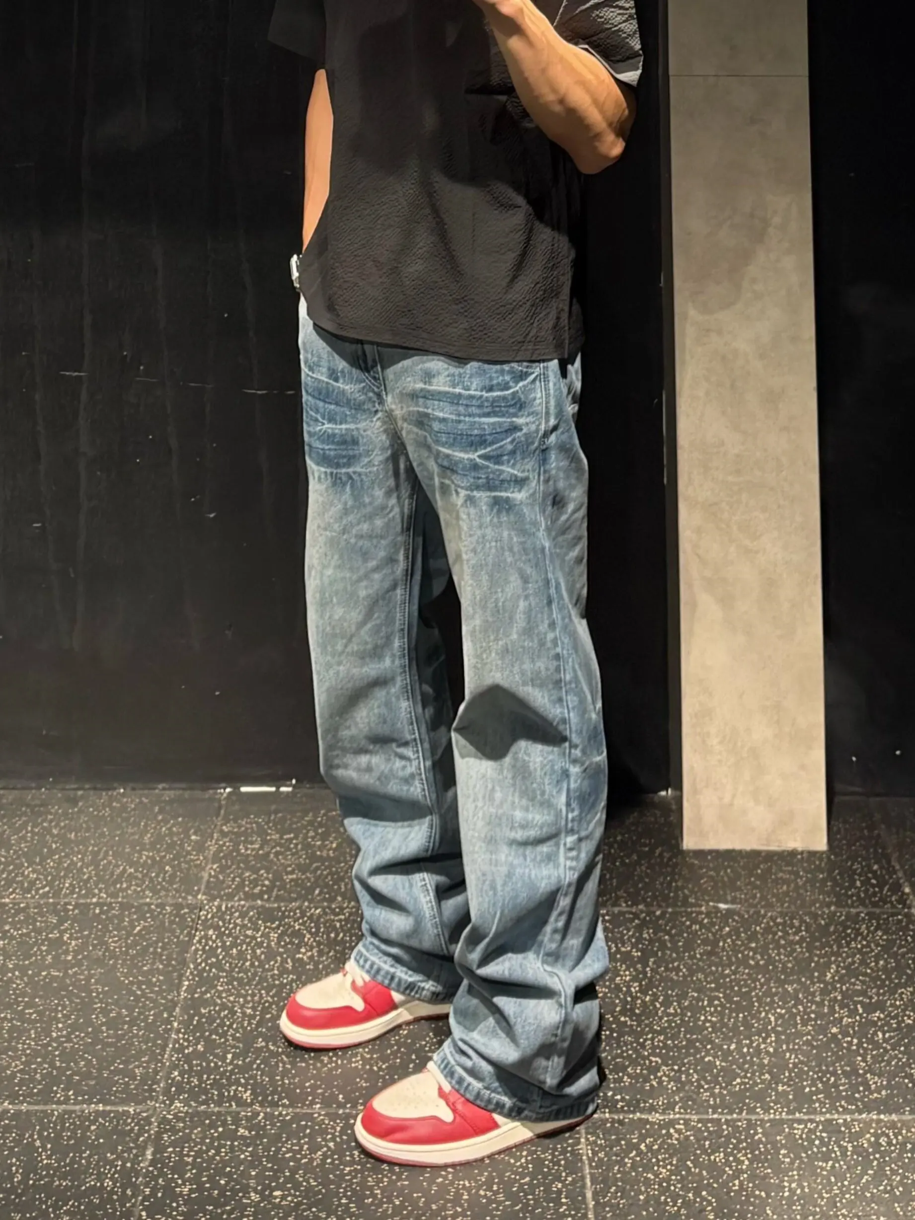 Retro American High Street Washed Lightning Pattern Men's Jeans Loose CleanFit Straight Leg Wide Leg Long Trousers Trendy