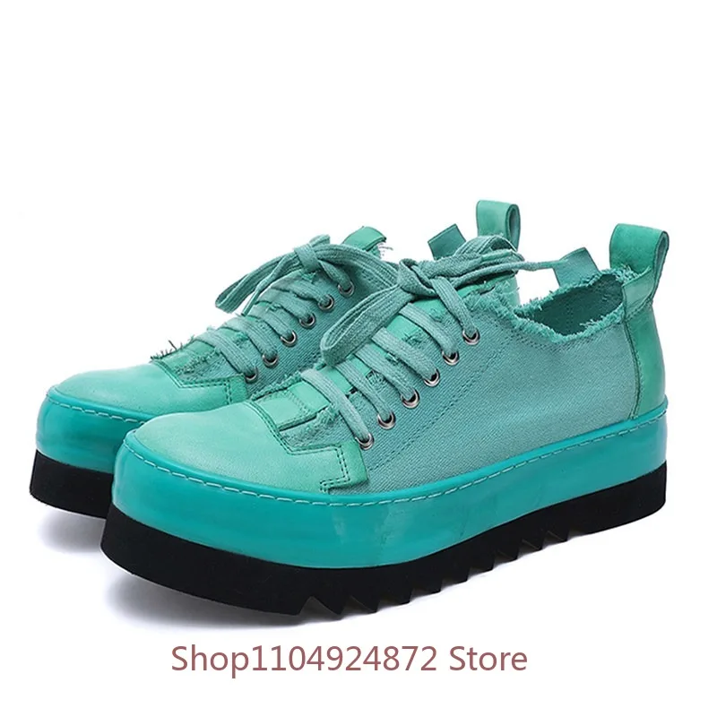 Design Genuine Leather Splice Canvas Breathable Hand Dyed Thick Sole Height Increasing Lace Up Casual Shoes Men's Sneakers Male