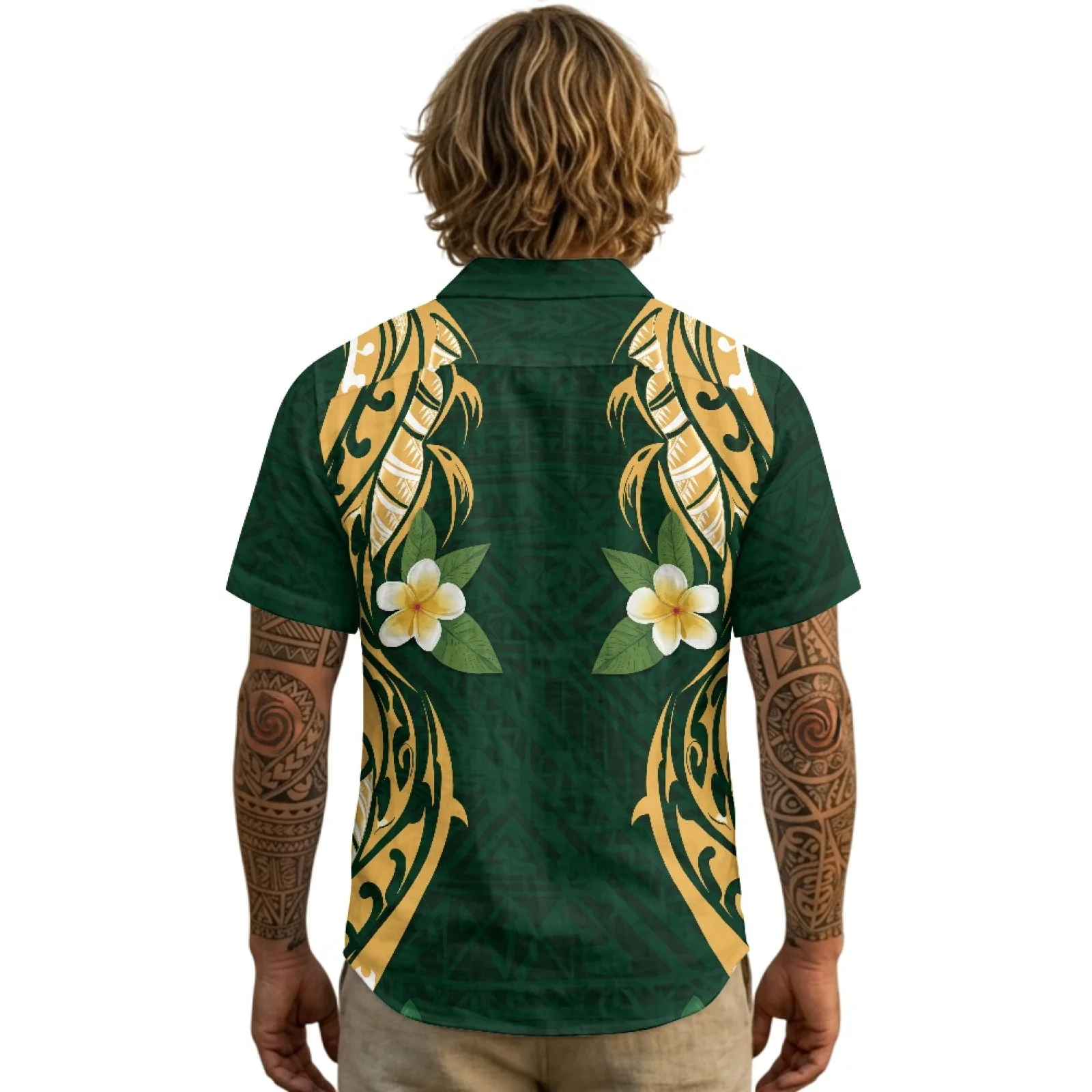 PENSTROLL Green Floral Pattern Loose Men's Shirts for Beach Linen Style short sleeved shirt S-3XL