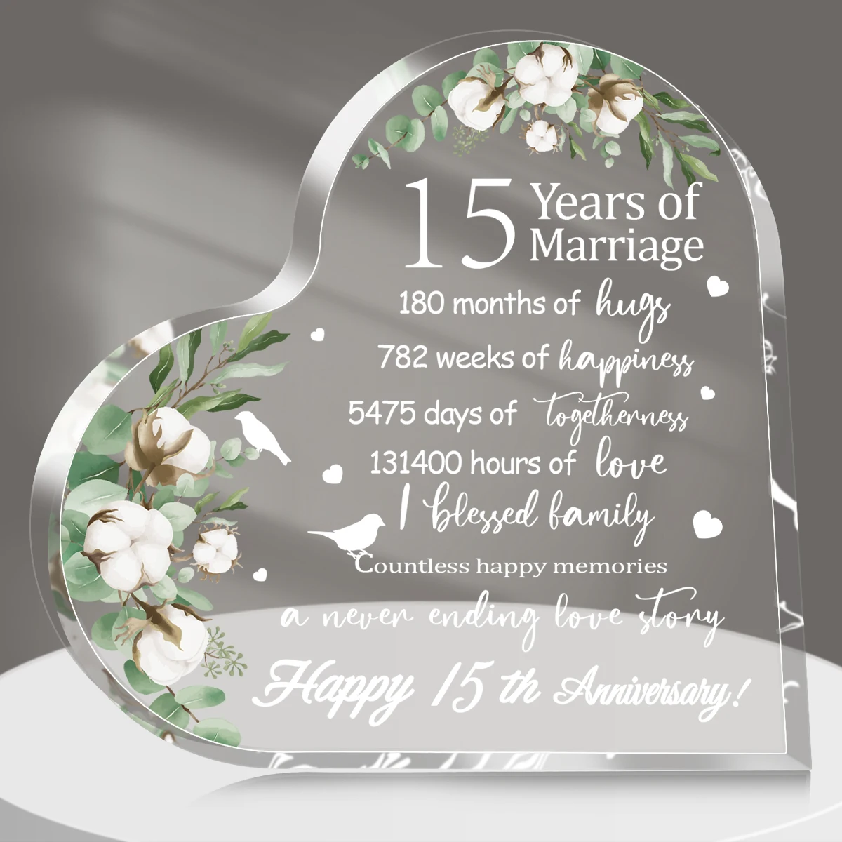 Placa acrílica con forma de corazón para aniversario de boda de 10, 15, 20, 25 o 30 años, decoración de algodón y eucalipto, regalo para pareja