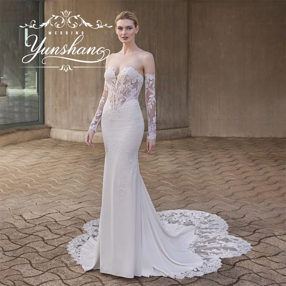 윤샹 맞춤형 스위트하트 스트랩리스 머메이드 웨딩드레스 레이스 자수 아플리케 슬리브리스 백리스 모던 엘레강트 신상