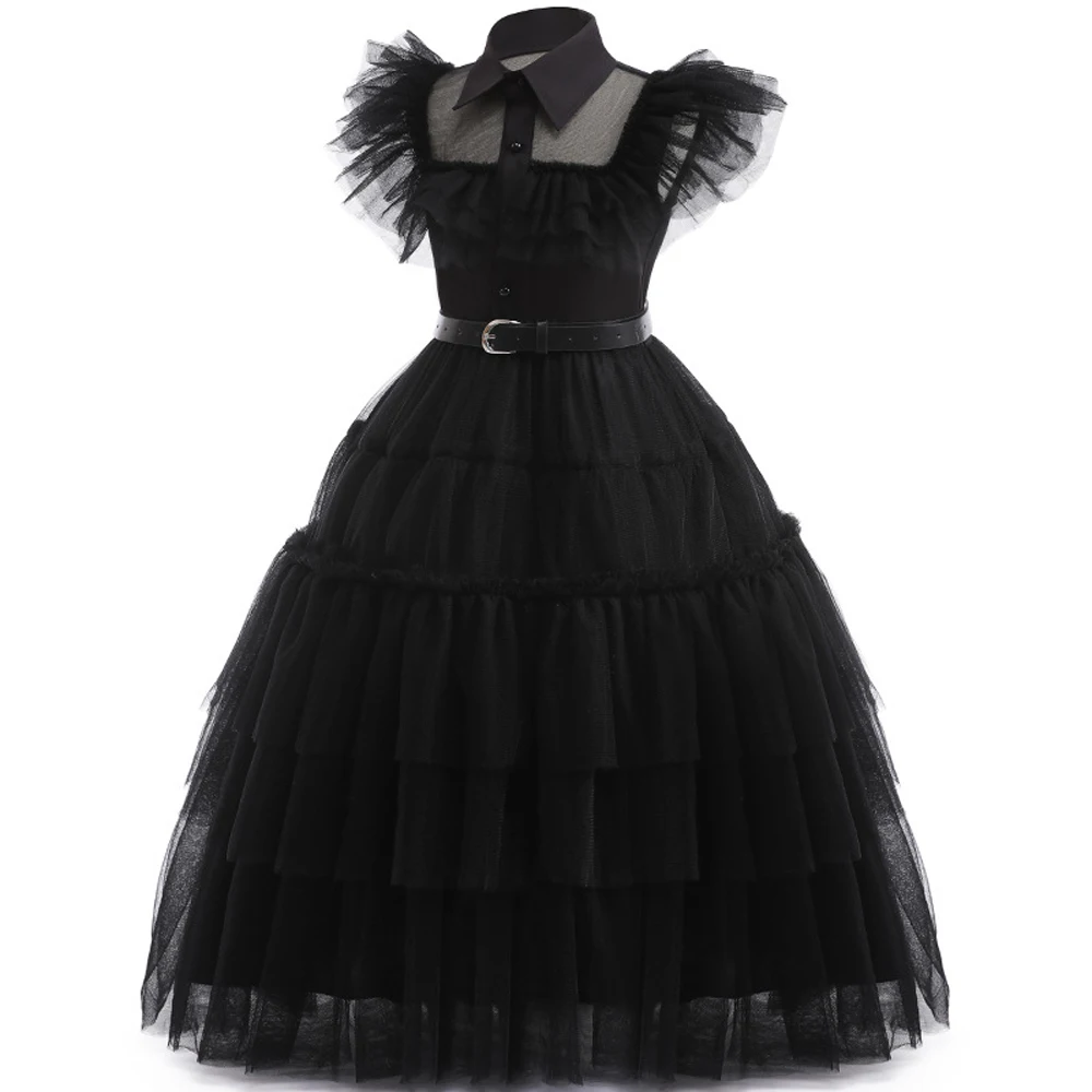 Addams-Disfraz de princesa para niñas, traje de fiesta de cumpleaños, Halloween, Carnaval, baile, color negro