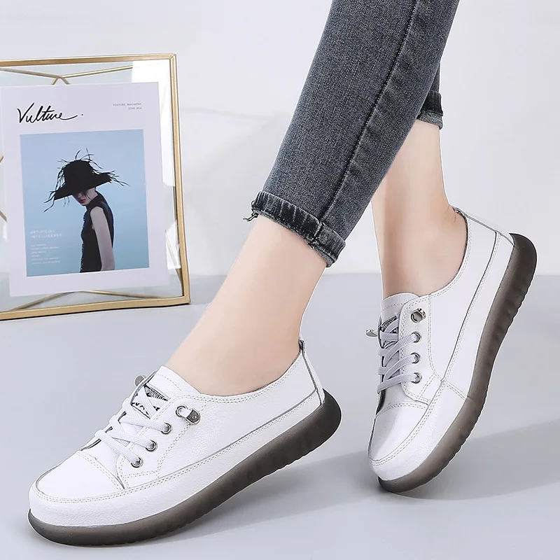 Sport Shoes Women Natural Genuine Leather Flat Casual Footwear Female Ballet Flats Lace Up White Court Sneakers Ladies Flats