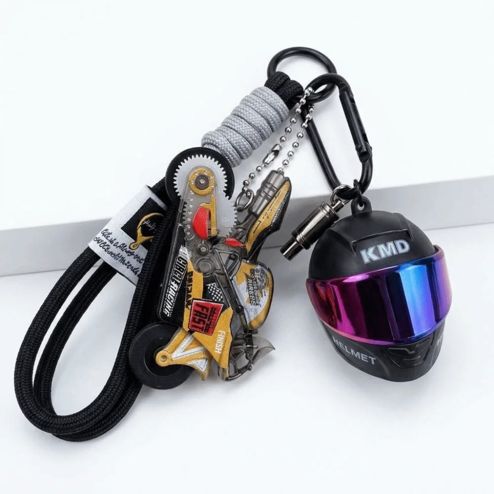 Kreativer Motorradhelm-Schlüsselanhänger, Karabiner-Clip aus Legierung, Mini-Schlüsselanhänger im Biker-Stil, geflochtenes Schlüsselband, Renn-Schlüsselanhänger, Schlüsselhalter – Detail 2