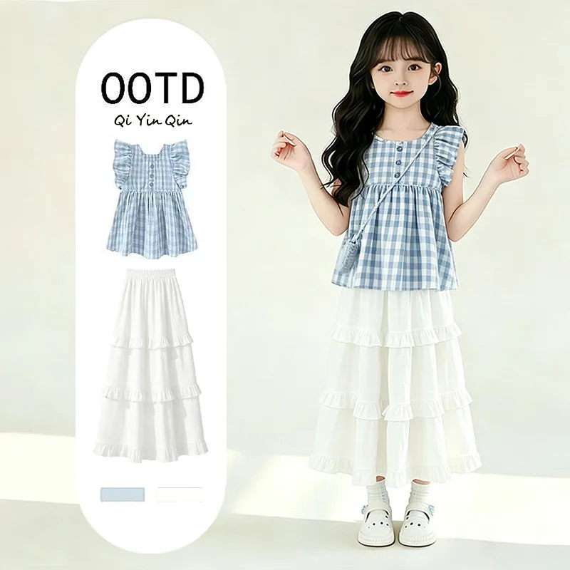 

2026 Girls Summer Plaid Flying Sleeve Top Skirt Two Piece Set Elegant Trendy Casual Outfit For Middle And Older Kids Teen Girls