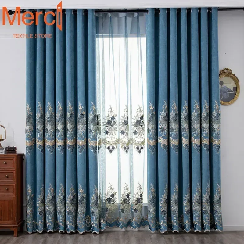 European Style Curtain for Living Dining Room Bedroom Chenille Luxury Blue Tulle Shading Embroidered High-end Window Custom Size