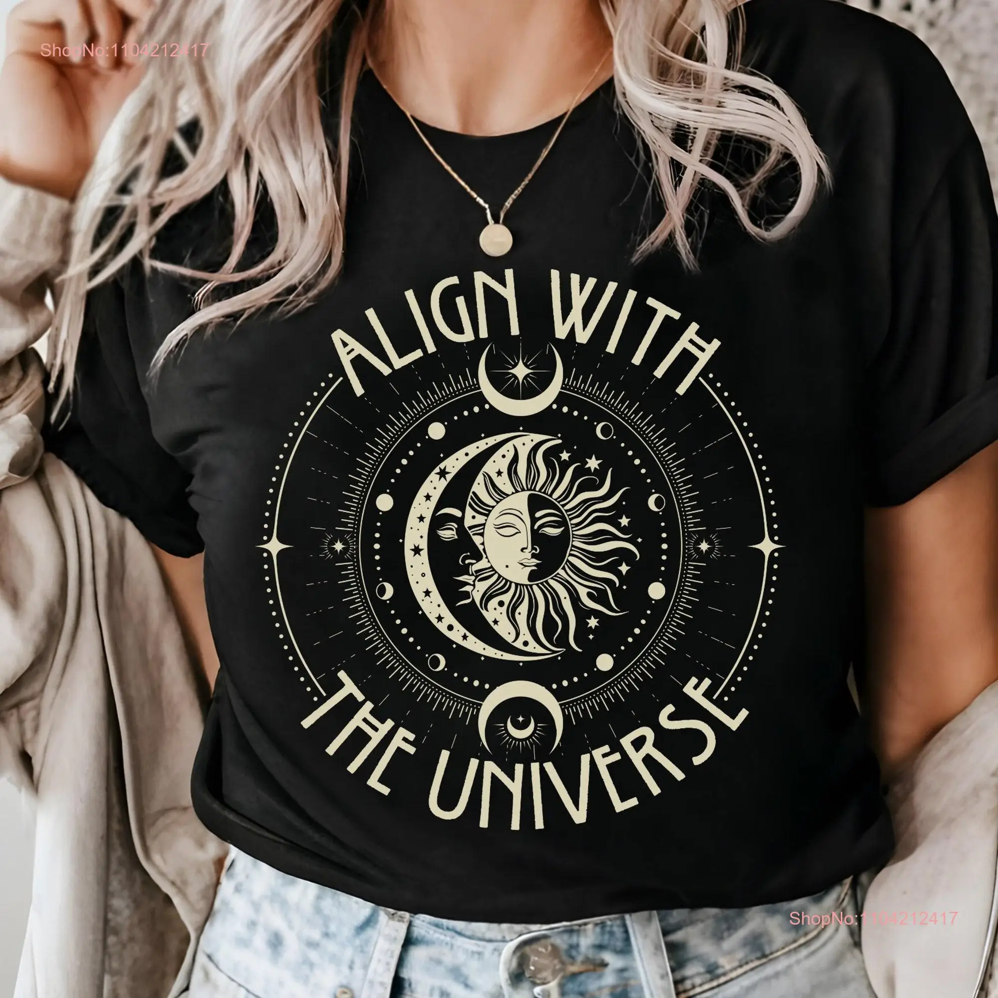 Align With The Universe T Shirt Celestial Sun and Moon Mystical Spiritual Astrology Boho Lunar Phases Top