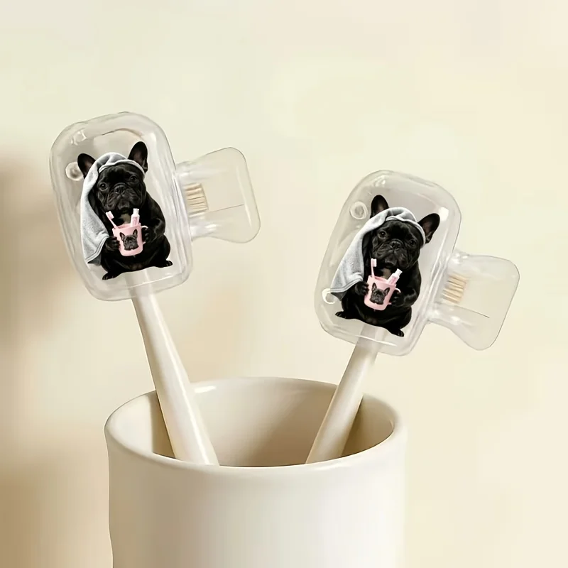 2pcs Cute French Bulldog Portable Toothbrush Head Cover Outdoor Trips Storage Box Daily Use Bathroom Accessory for Home Travel