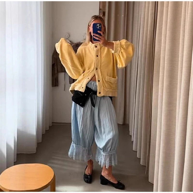 

Желтый вязаный однотонный короткий кардиган, женский воротник-стойка, рукав-фонарик, верхняя одежда на пуговицах, осенняя мода, уличные повседневные женские топы