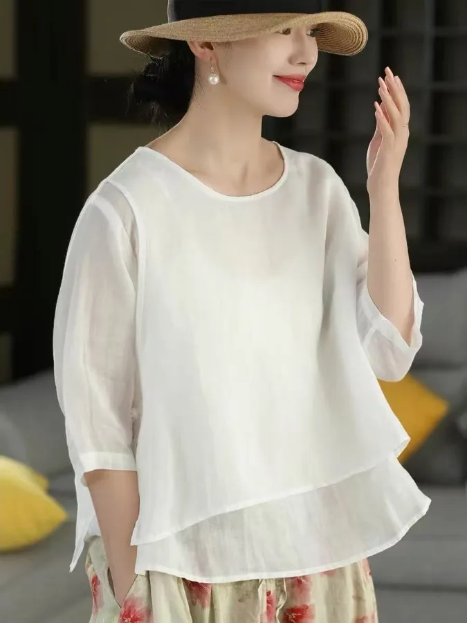 Retro Fake Two-Piece Shirt Side Button Midi Sleeve Double Layer Shirt Hem Shirt Top Casual Style Universal Fit Summer Season