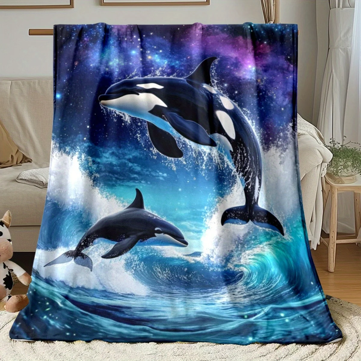1pc Orcas Leaping in Ocean Waves Blanket-Lightweight Flannel Home Furnishings Bedding Blanket Suitable for Sofas Beds Travel Cam