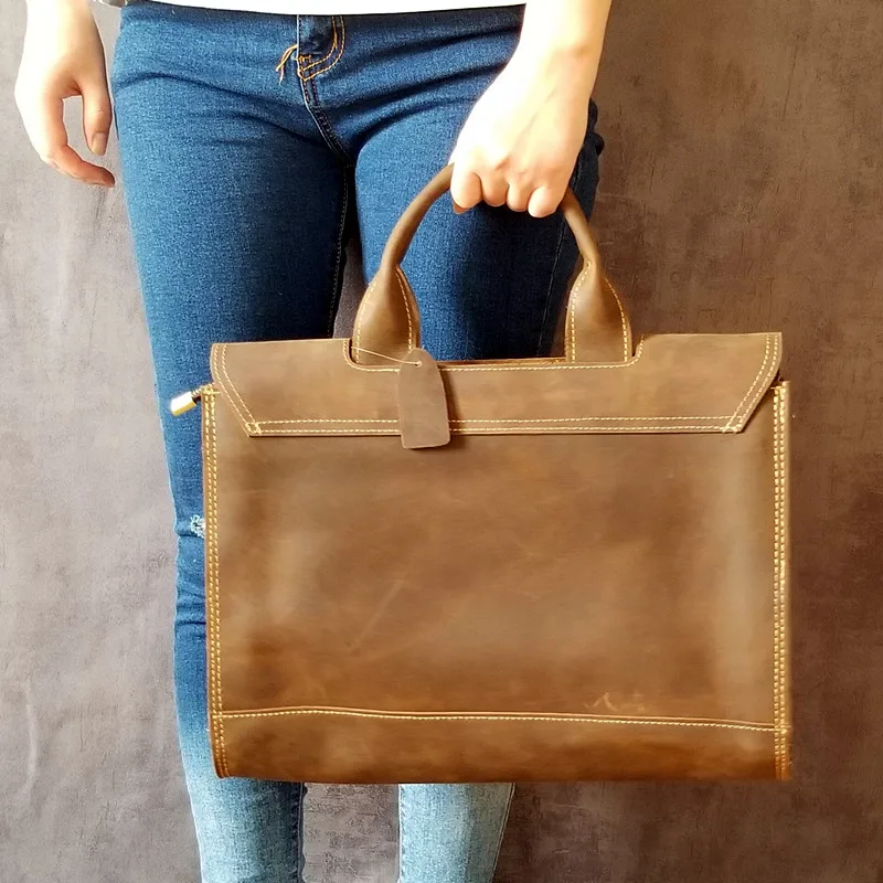 Herren handtaschen männliches Geschäft 14 Zoll Laptop Aktentasche Männer Schulter Umhängetaschen Retro echtes echtes Leder verrücktes Pferd Leder