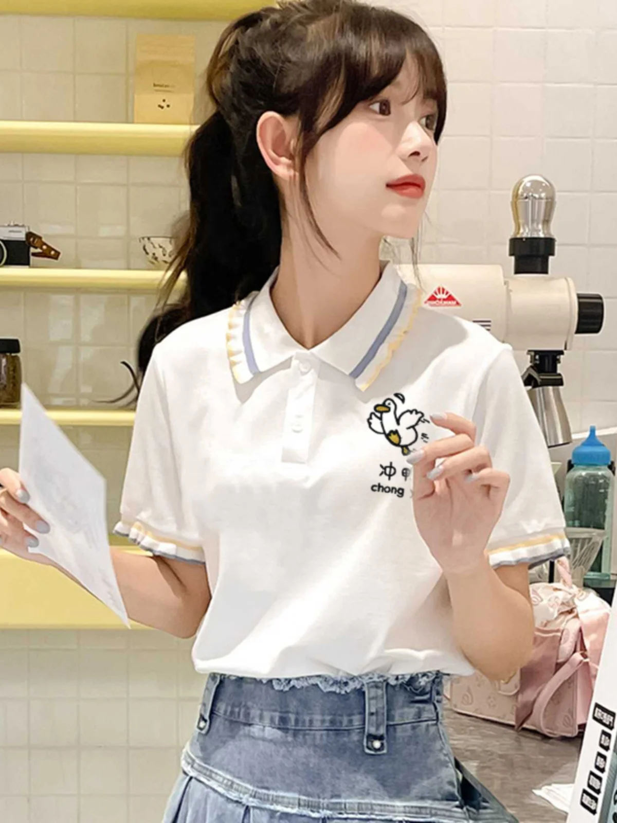 Adorable School Girl  Shirt Short Sleeve Turn-down Collar Design Spring Summer Top for Teenage Girls Sweet Style Cotton P...