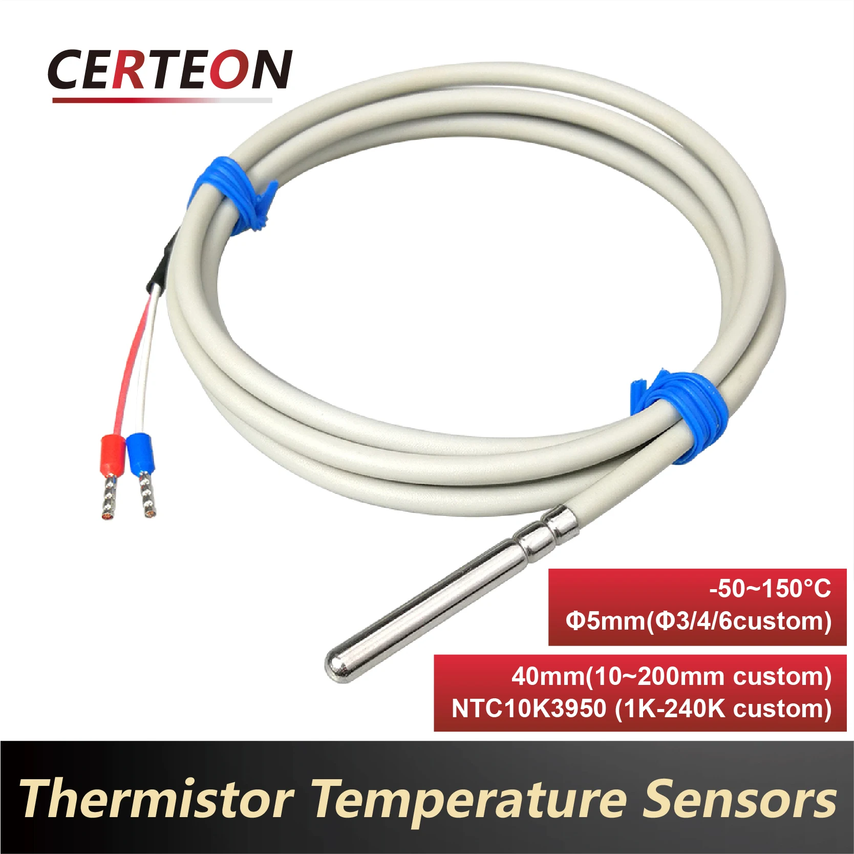 

Waterproof Oilproof NTC Thermistor Probe, Crimped Stainless Steel, 10K/50K/100K B3950 Temperature Sensor