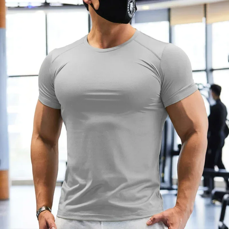 Gym T-shirt Man Plus Size Dry Fit Men\'s Sports T-shirts Sweatshirt Tops Plain Color Muscle Training Activewear Yoga Clothes Tee