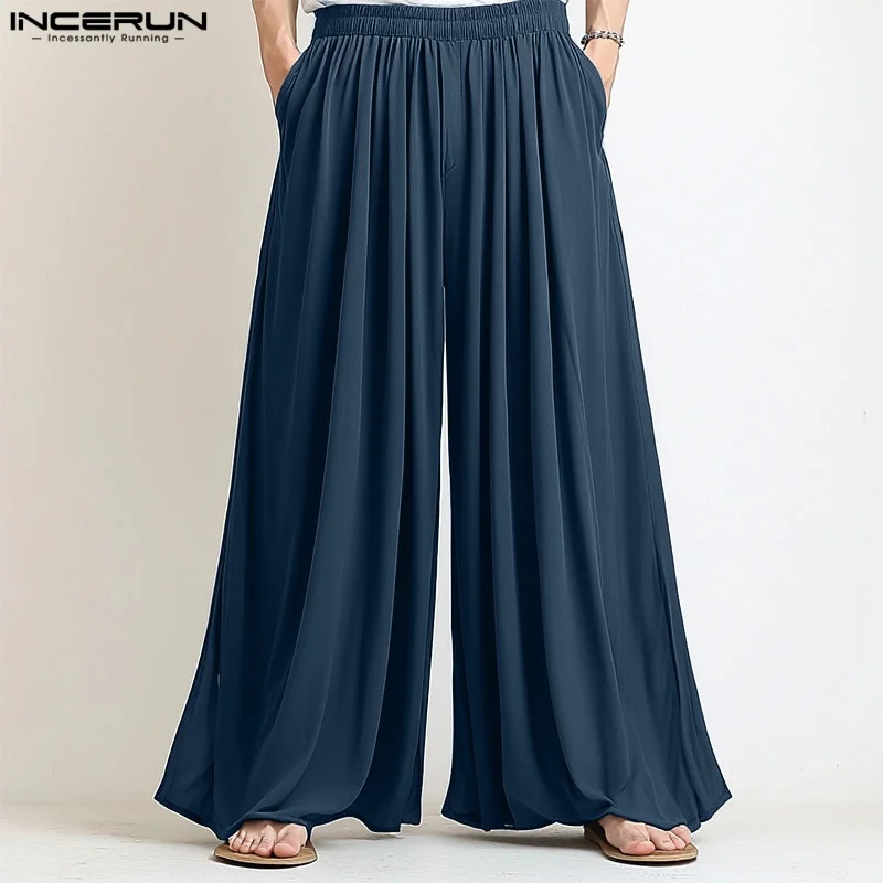 

Men Wide Leg Pants Solid Color Joggers Pleated Oversize Casual Trousers Men Elastic Waist 2025 Streetwear Fashion Pants INCERUN