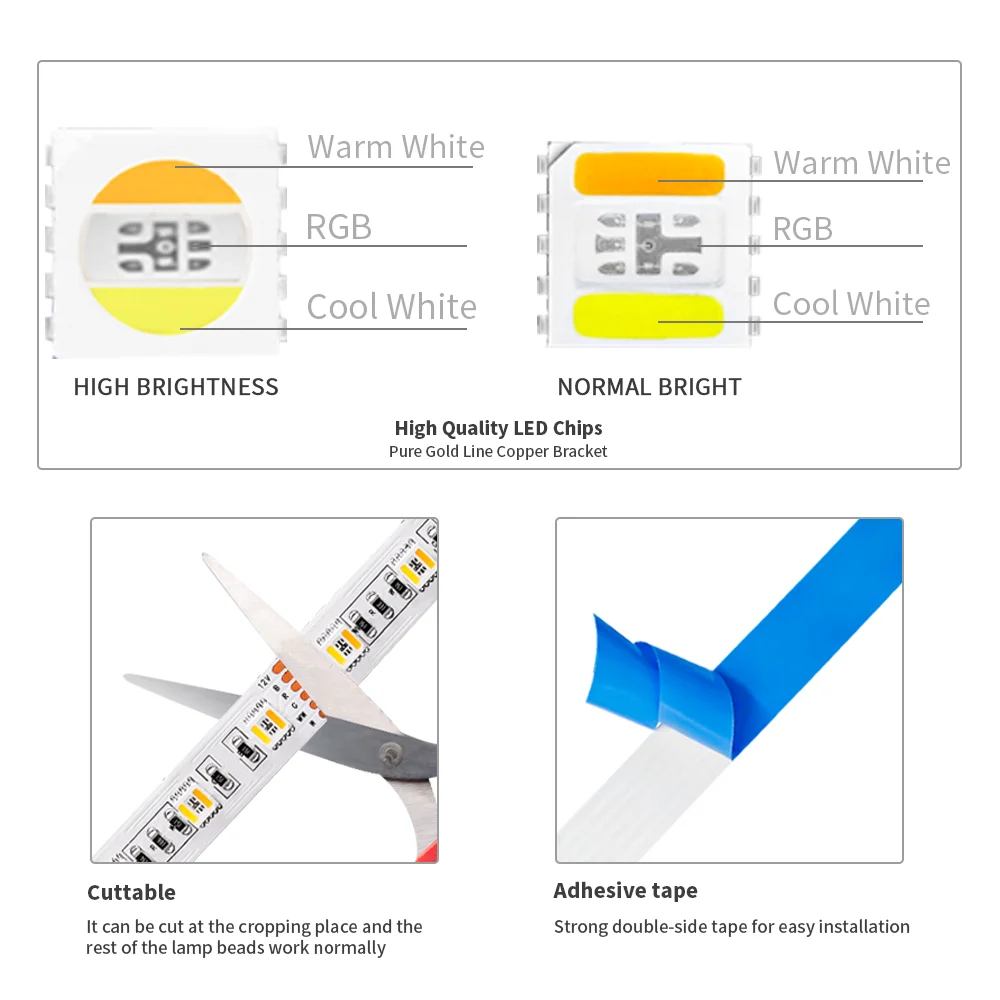 Hightlight 5050 RGBCCT 5 in 1 LED Strip RGB WW CW 2700-6500K Lights RGBW  RGBCW RGBWW 6Pin Ribbon 60/96Leds/m White PCB DC12/24V