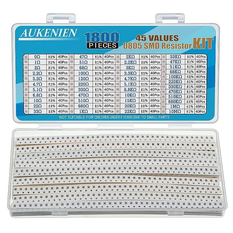 

AUKENIEN 0805 SMD Resistor 45 Values 1800 Pieces 0R to 10M Ohm Resistors 1/8W Kit Assorted SMT Resistors with ±1% Tolerance