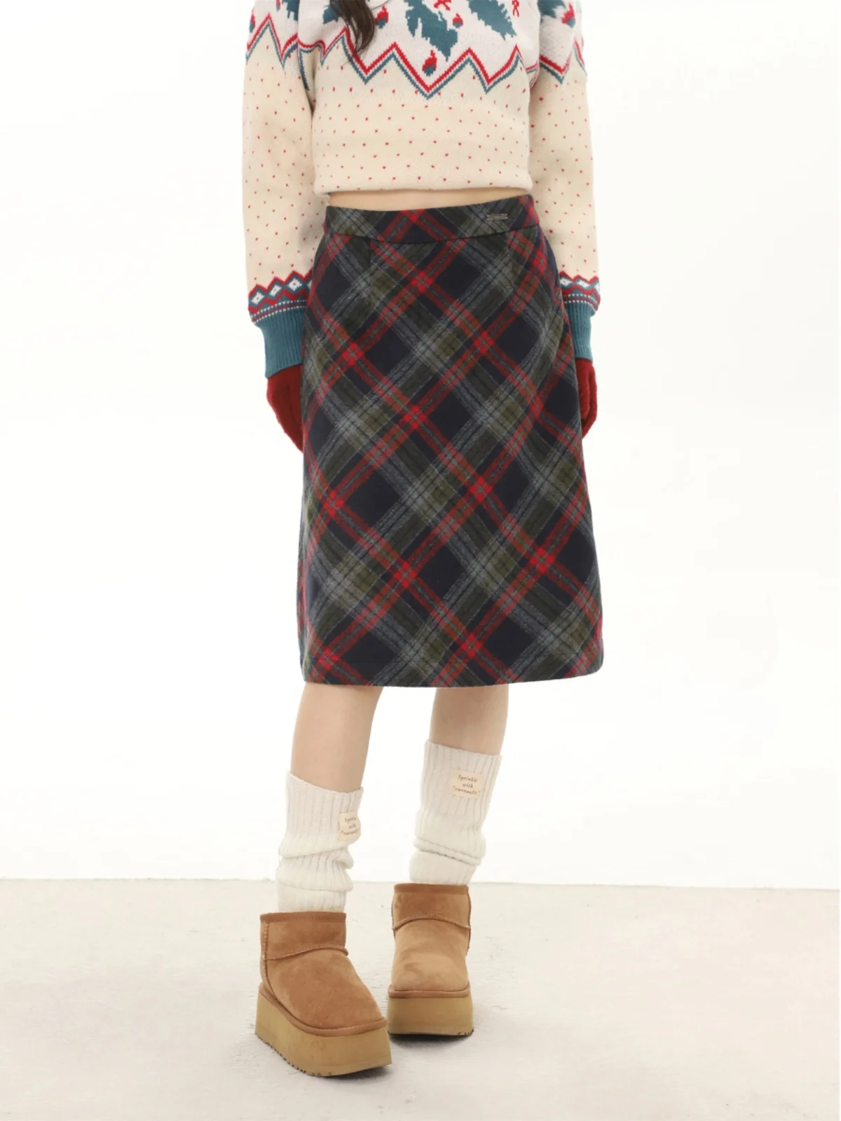 

November American College Style Plaid Woolen High Waist Slim A-Line Skirt Women's Spring Autumn Mid-Length Skirt