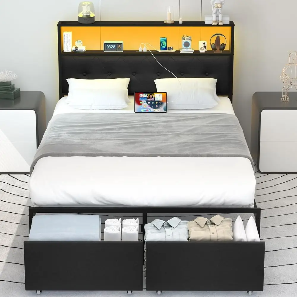Full Size Metal Platform Bed Frame with Headboard, Storage Drawers, Charging Station, and LED Light - No Box Spring Required