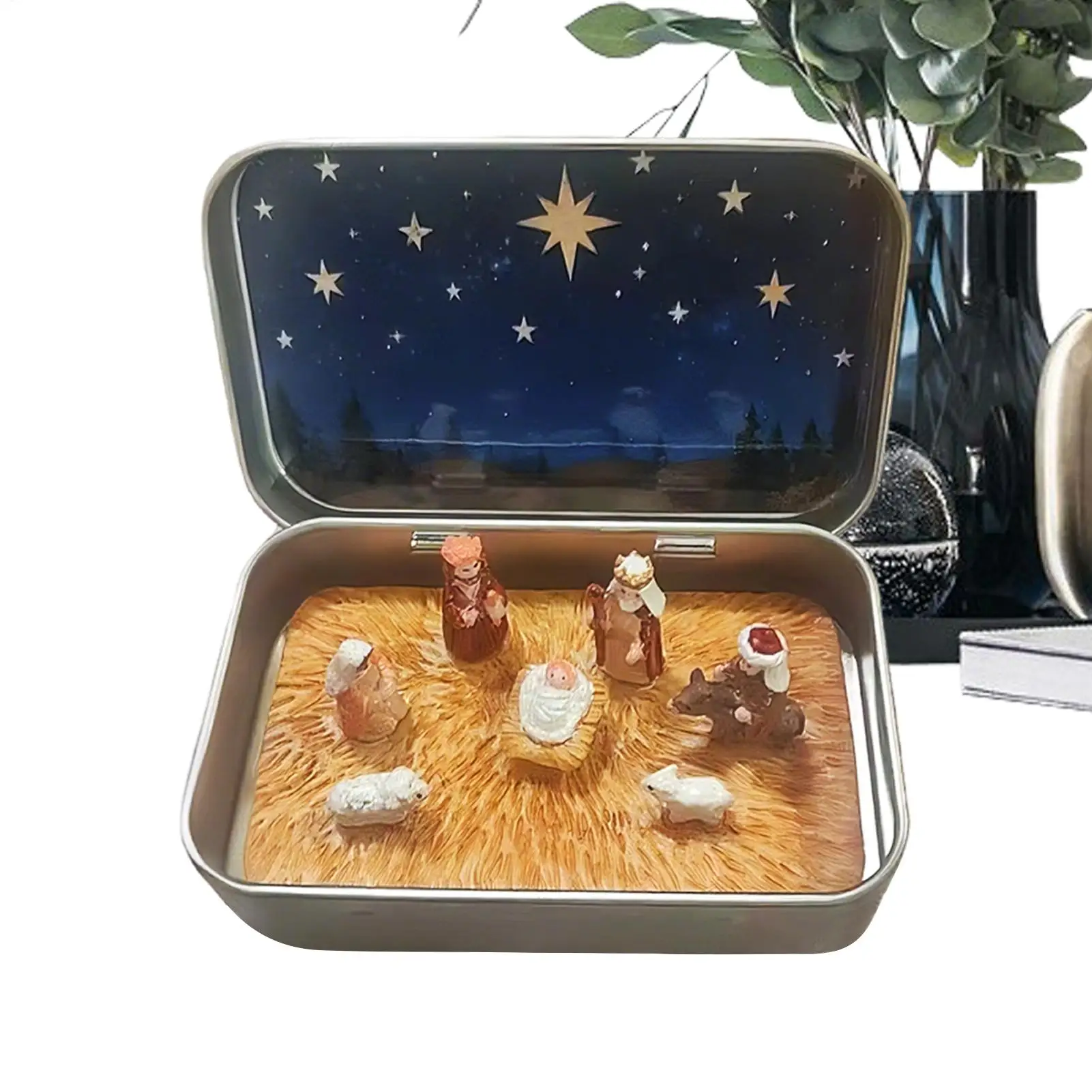 new Christmas Nativity Set Mini Size Horse Trough Design Nativity Figurine Set Tin Box Packaging Resin Scene Figurine