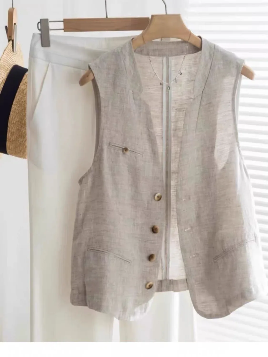 

Women's Linen Vest Spring Summer 2025 New Sle Svel Thin Single Layer Jaet Outerwear round Ne Single Button Pure C...