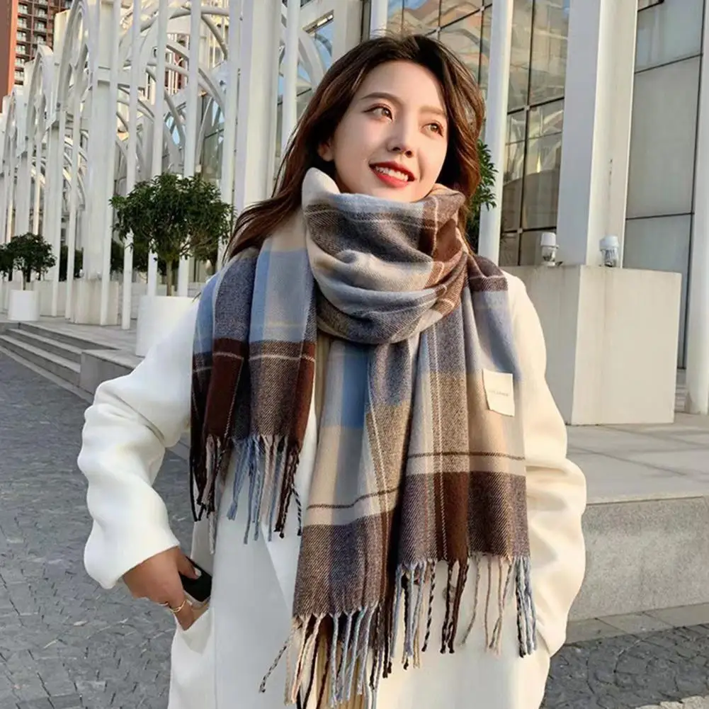 Women Winter Scarf Color Matching Tassel Wide Long Plaid Print Scarf Thick Sock Warm Windproof Lady Neck Wrap Shawl