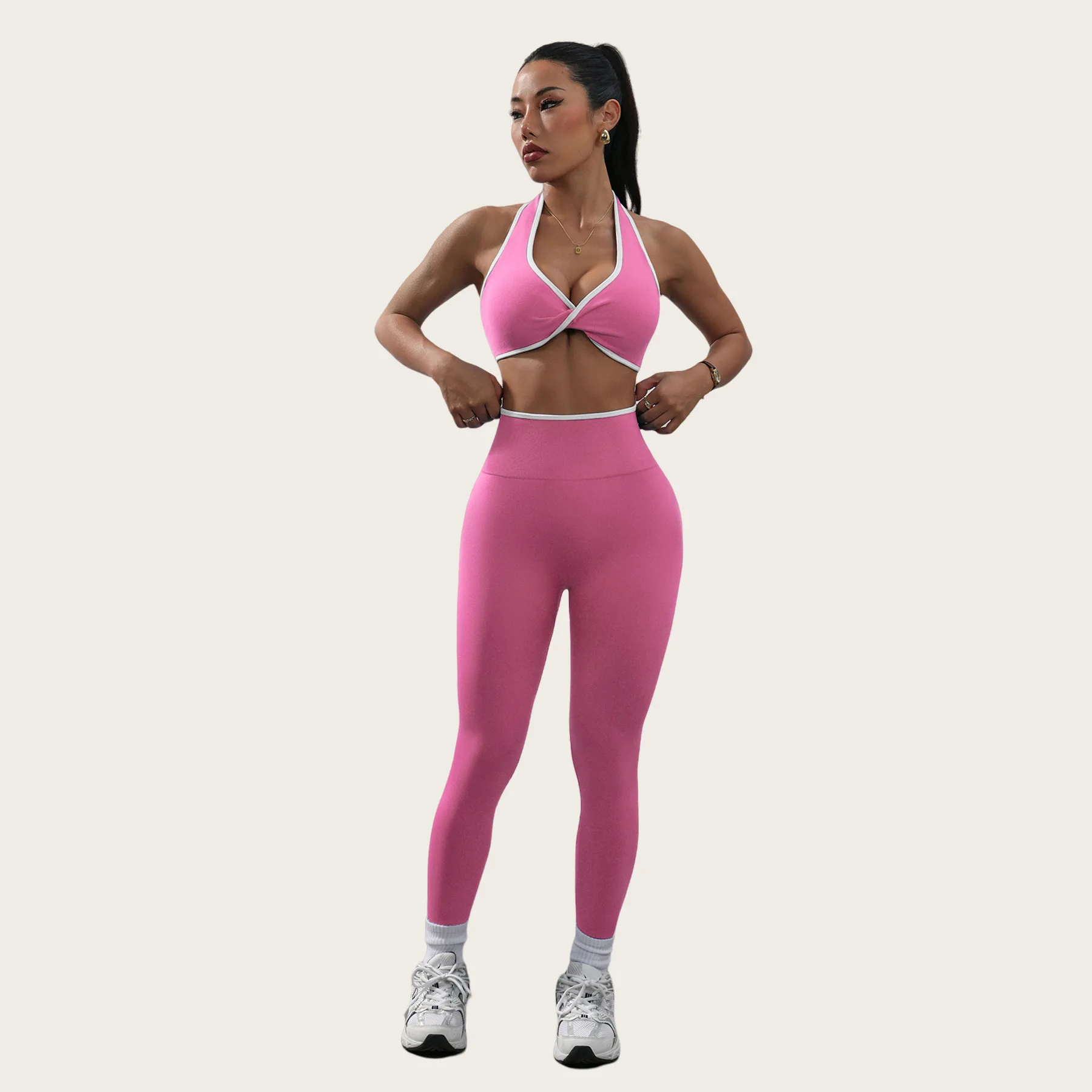 

Popular sexy contrasting colors split high waist seam hip lift fitness trousers sports yoga vest yoga set