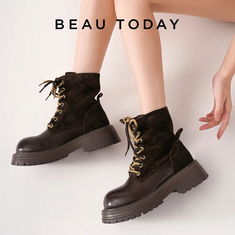 BEAUTODAY Ankle Boots Women Split Leather Solid Color Round Toe Chunky Heel Dual-Colored Shoelaces Ladies Shoes Handmade 04662