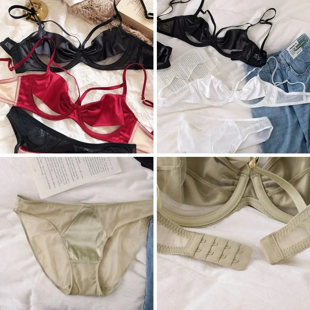 

Sexy Satin Lace Bra & Panty Set with Steel Ring, Glossy Bandage Lingerie for Women