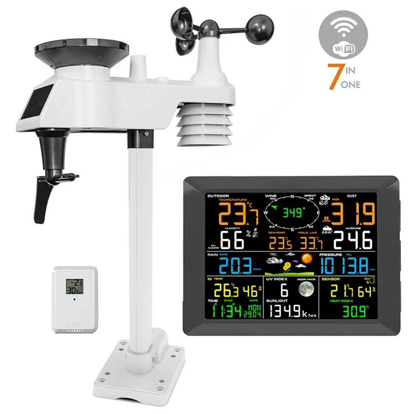 

Large Screen WiFi Wireless Weather Station Indoor Outdoor Thermo Hygrometer Rain Gauge Wind Speed UV Illuminance Meter